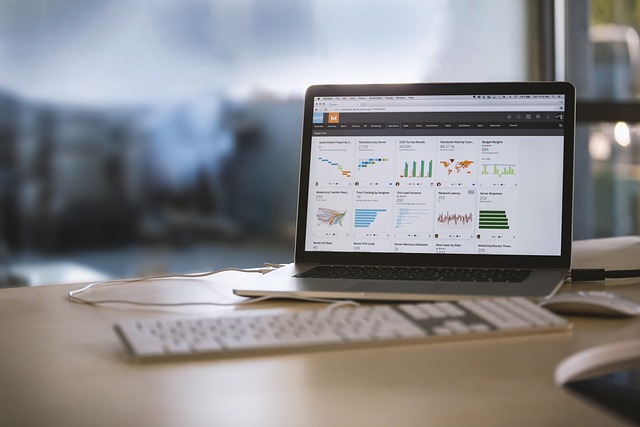 business professional analyzing data dashboard on laptop